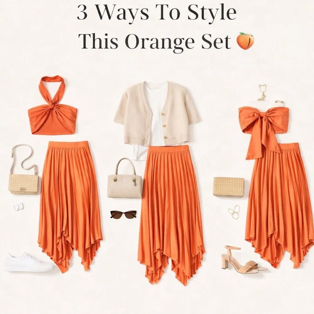Micas Orange Pleated Two-Piece Halter Skirt Set – Elegant Summer size XL‎